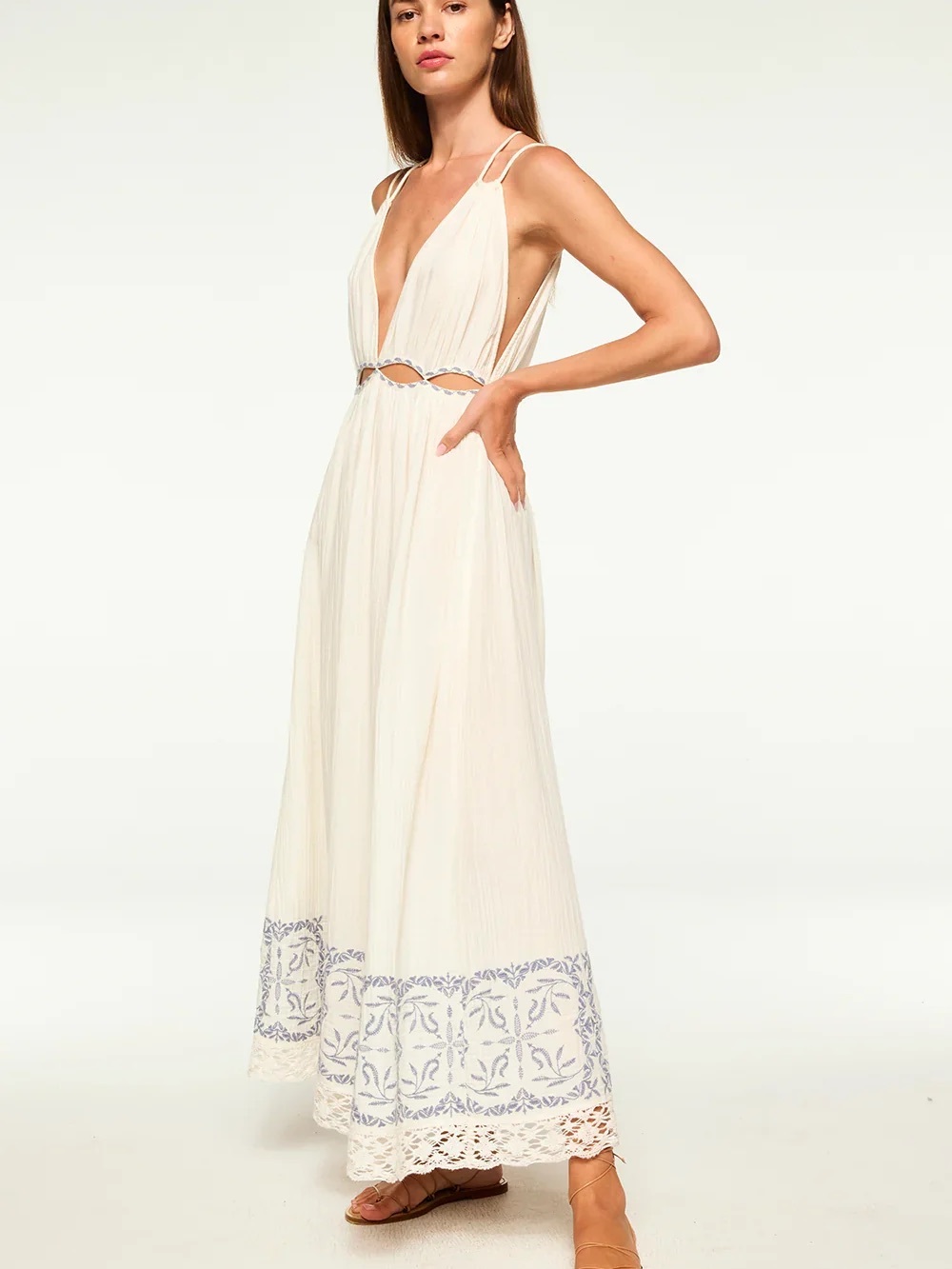 Misa Los Angeles Marita Maxi Dress - Ivory with Blue Embroidery